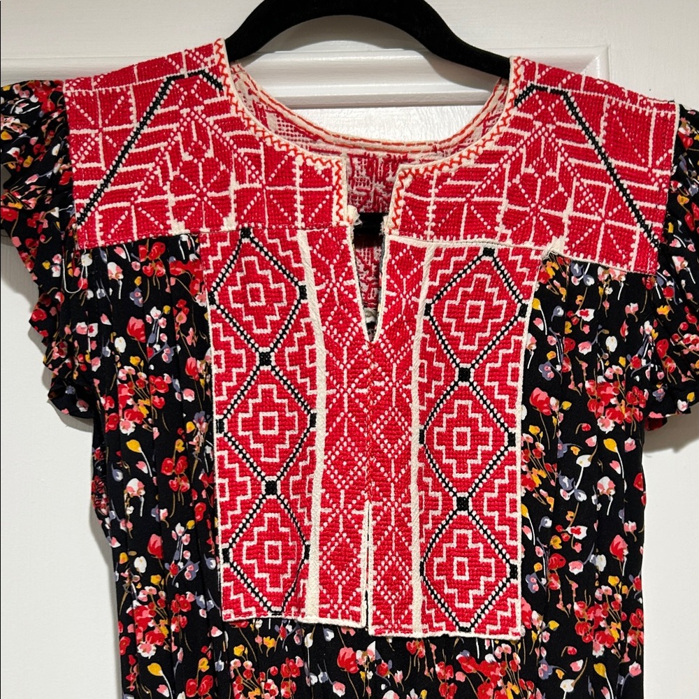 Black Floral Dress with Red Embroidery